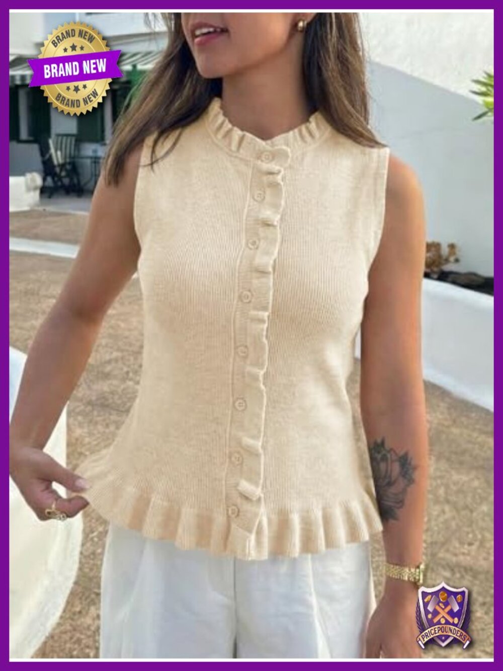 Sleeveless Ribbed Knit Ruffle Button Tank - Picture 2 of 5
